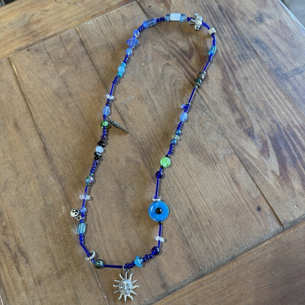 Vintage Y2K Beaded Charm Necklace Evil Eye Sun Elephant Yin Yang Boho Blue